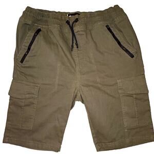 Akademiks Green Canvas Cotton Cargo Shorts Drawstring Elastic Waist M 10"